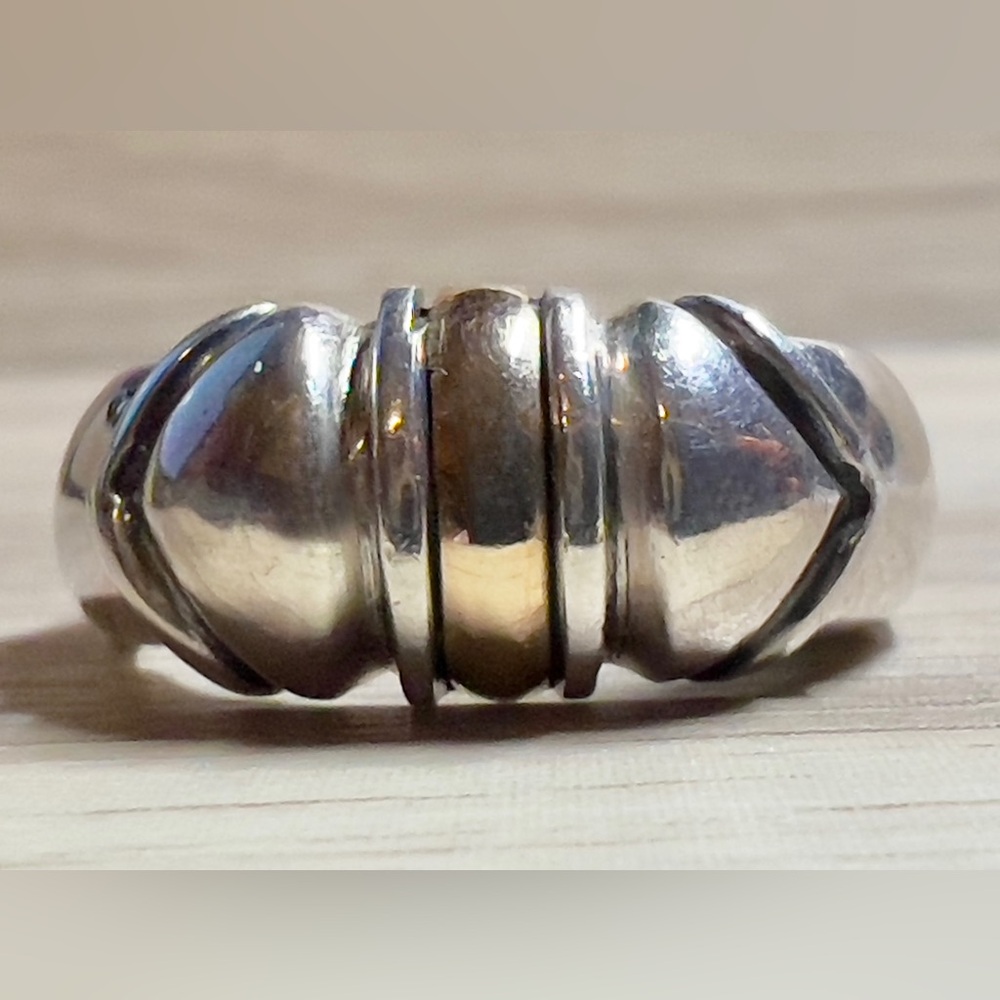 Designer Signed JA Sterling Silver & 18K Yellow Gold Accented Band Ring, Size 6 - Picture 2 of 11